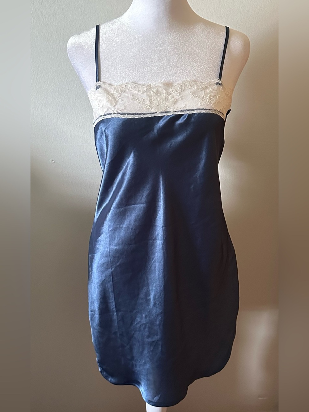 Dolls Elegant Navy Lace-Trim Detail Essential Slip Dress- Women’s Loungewear